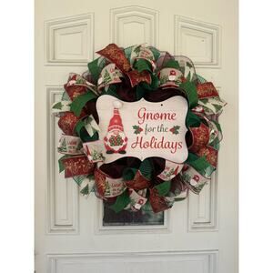 Gnome for the Holidays Christmas Wreath, Gnome Sign Green, Red, Gold Ribbons xxx